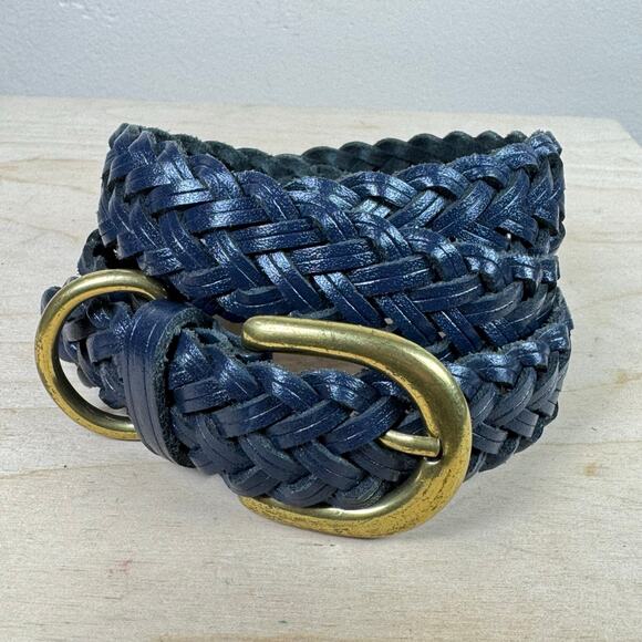 Blue Woven Braided Womens Leather Belt Solid Brass Hardware Bohemian M/L 30-33” - Picture 1 of 5